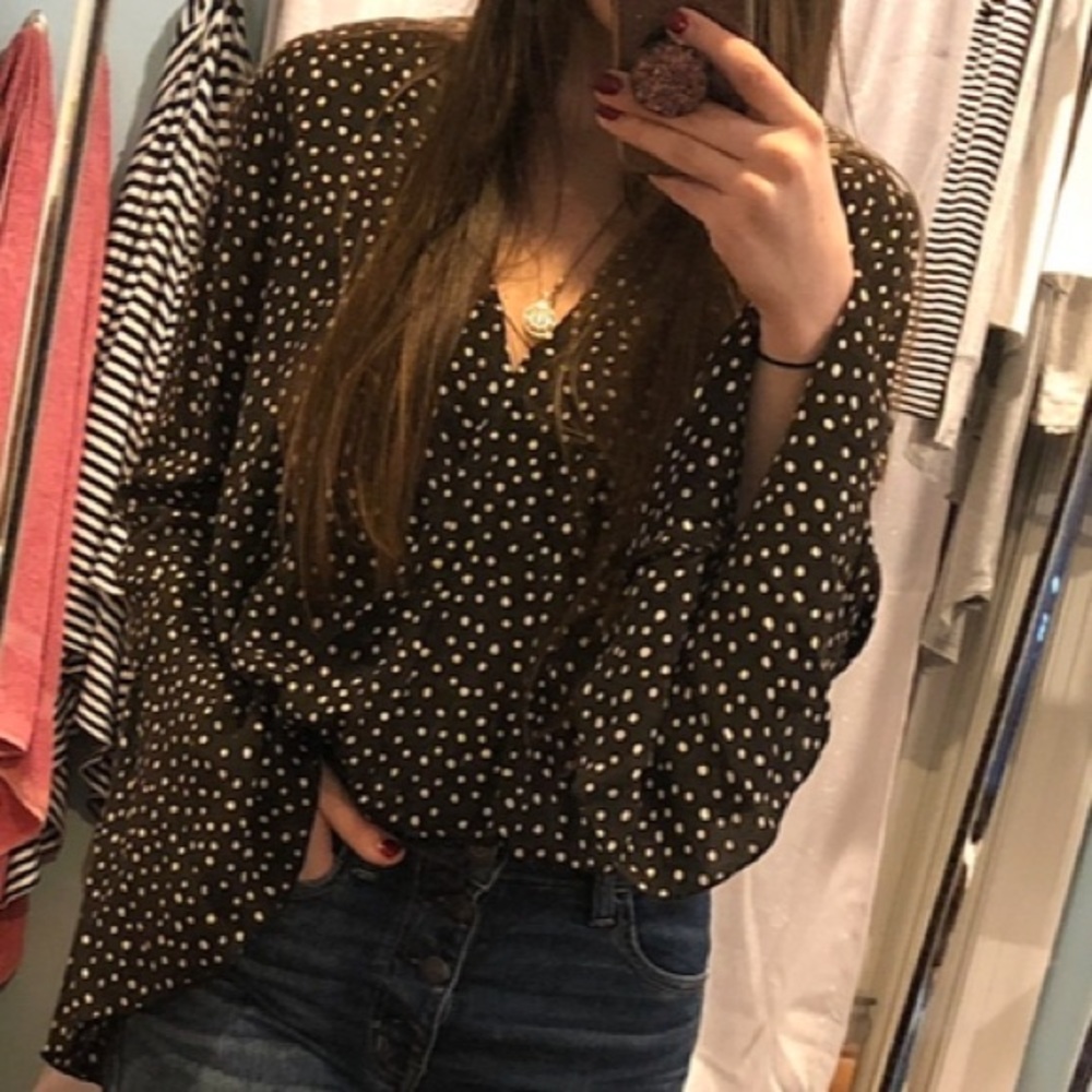 Free People Makin Waves Black Polka Dot Wrap Bell Sleeve Bodysuit - Picture 12 of 12